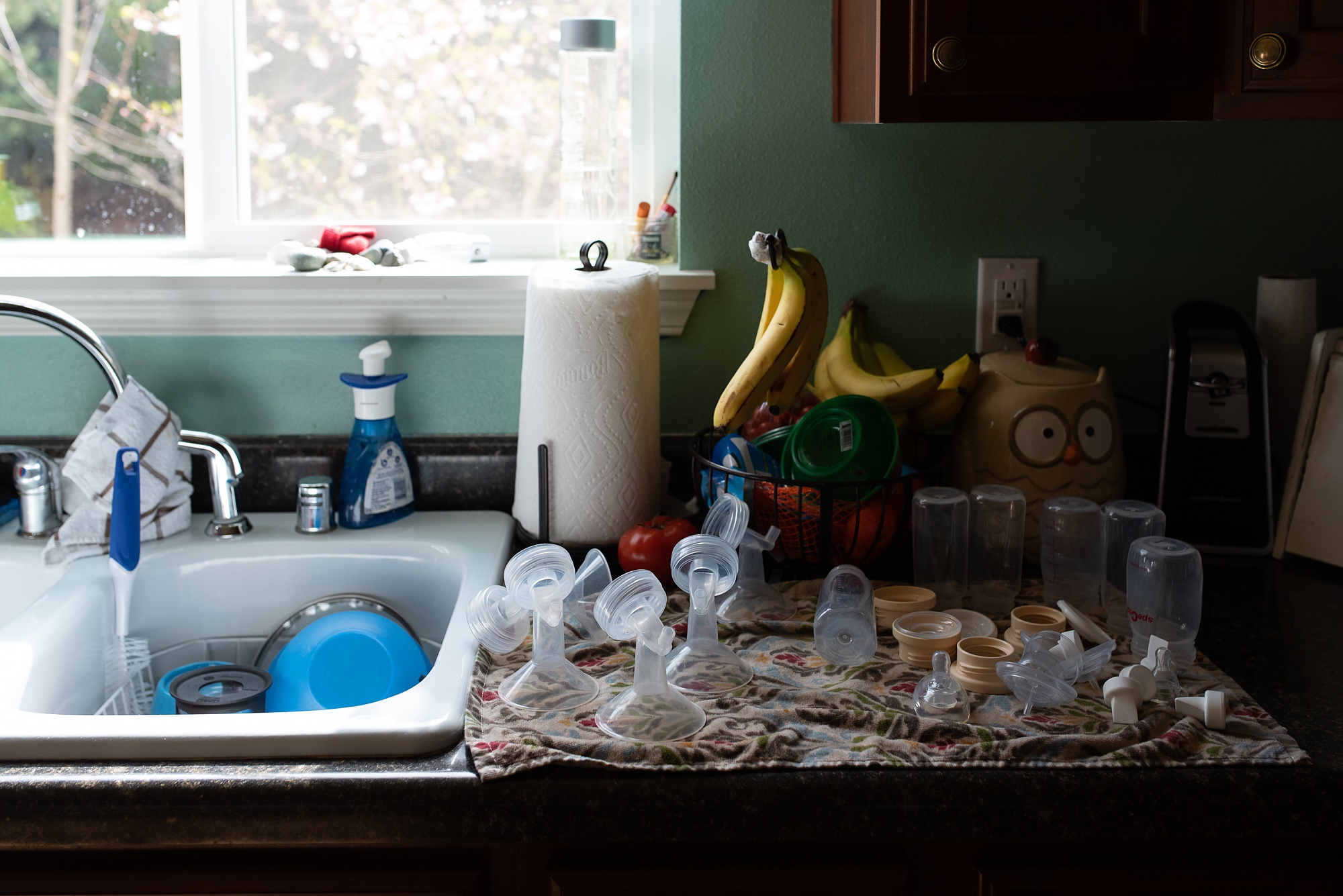 breast pump accessories dry on kitchen counter