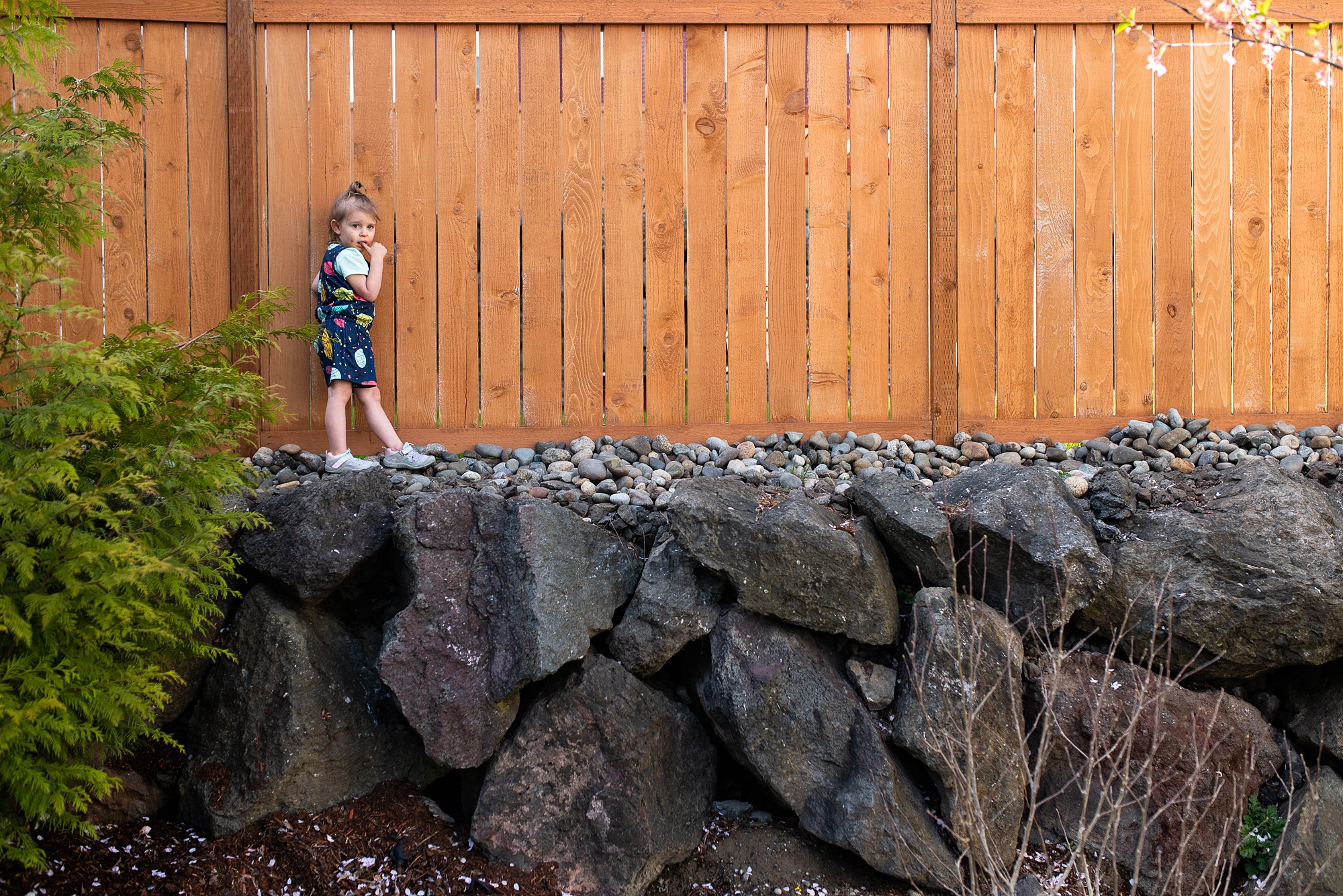 girl climbs along fence